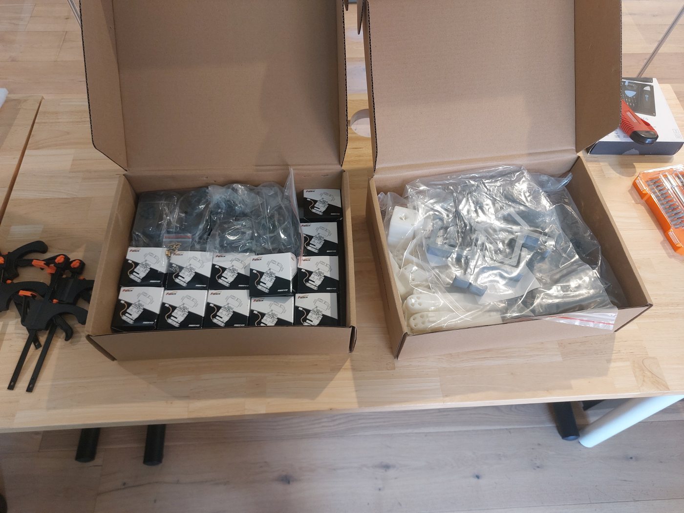 The kit as delivered: servos and hardware in a box