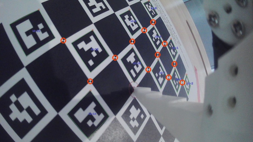 Wrist camera view of the same ChArUco board from a different arm pose, detected corners circled